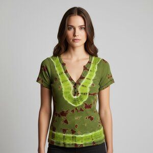 Vintage Y2K Me & Ko Green Brown Tie-Dye Henley Tee Size Large 100% Cotton Top